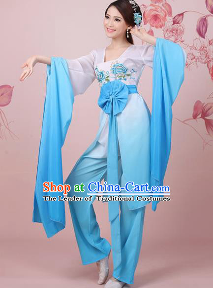 Traditional Ancient Chinese Tang Dynasty Chang E Flying to the Moon Dance Blue Costume, Elegant Hanfu Clothing Chinese Princess Water Sleeve Embroidered Clothing for Women