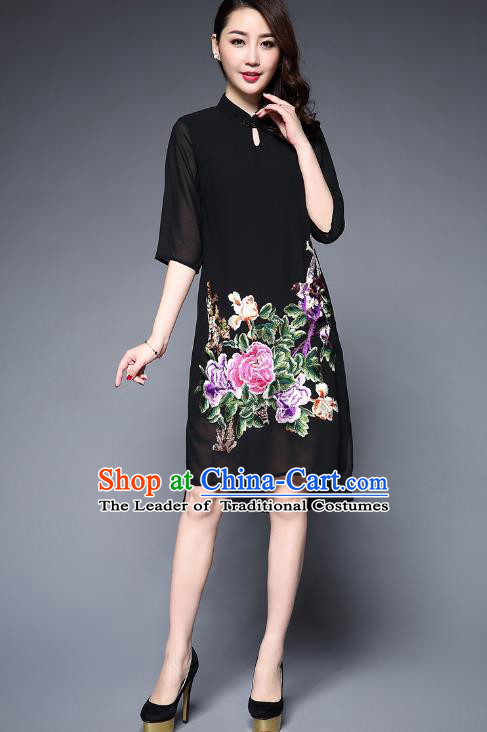 Top Grade Asian Chinese Costumes Classical Embroidery Peony Cheongsam, Traditional China National Plated Buttons Black Chirpaur Dress Qipao for Women