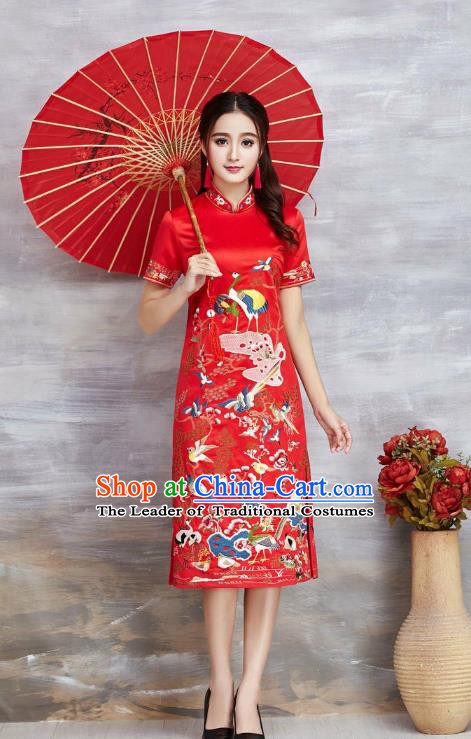 Asian Chinese Oriental Costumes Classical Embroidery Crane Red Cheongsam, Traditional China National Tang Suit Qipao Dress for Women