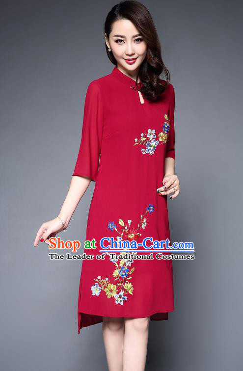 Asian Chinese Oriental Costumes Classical Embroidery Flowers Chiffon Dress, Traditional China National Tang Suit Red Cheongsam Qipao for Women