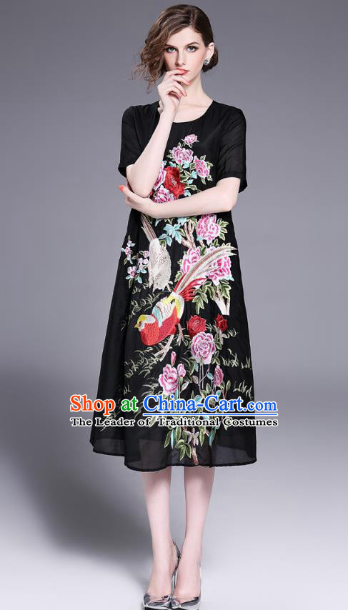 Asian Chinese Oriental Costumes Classical Slant Opening Embroidery Phoenix Linen Cheongsam, Traditional China National Chirpaur Tang Suit Plated Buttons Black Qipao Dress for Women