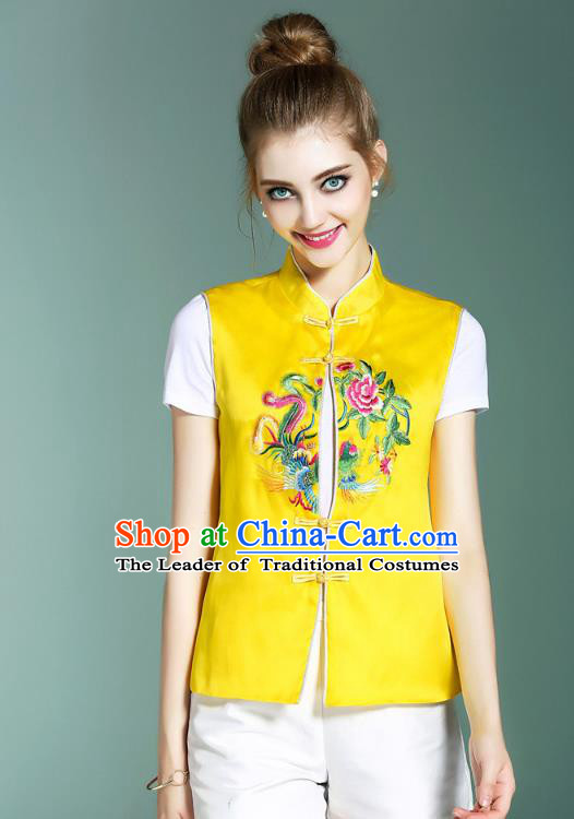 Asian Chinese Oriental Costumes Classical Palace Embroidery Yellow Vest, Traditional China National Chirpaur Tang Suit Plated Buttons Waistcoat for Women