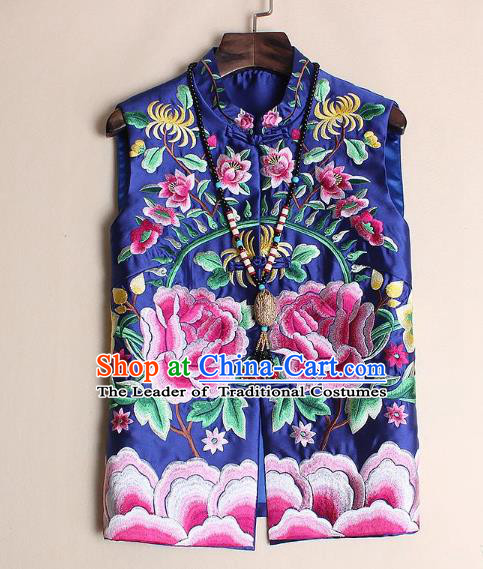 Asian Chinese Oriental Costumes Classical Palace Embroidery Peony Navy Vest, Traditional China National Chirpaur Tang Suit Plated Buttons Waistcoat for Women