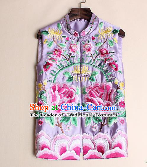 Asian Chinese Oriental Costumes Classical Palace Embroidery Peony Pink Vest, Traditional China National Chirpaur Tang Suit Plated Buttons Waistcoat for Women