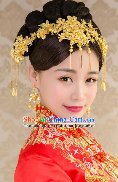 Aisan Chinese Handmade Classical Hair Accessories Golden Phoenix Coronet Complete Set, China Xiuhe Suit Tassel Hairpins Wedding Headwear for Women