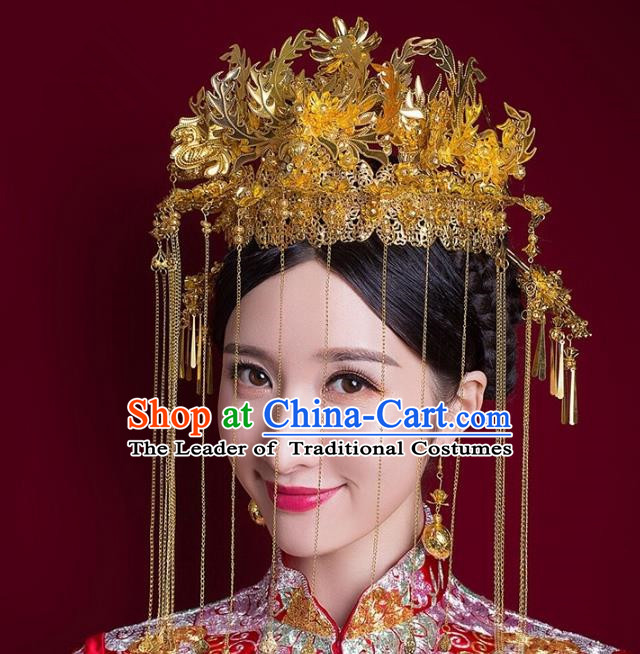 Aisan Chinese Handmade Classical Hair Accessories Phoenix Coronet Complete Set, China Xiuhe Suit Tassel Step Shake Hairpins Wedding Headwear for Women