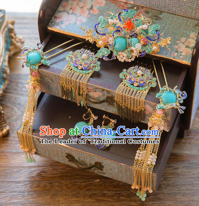 Aisan Chinese Handmade Classical Hair Accessories Cloisonne Hair Comb Complete Set, China Xiuhe Suit Tassel Step Shake Hairpins Wedding Headwear for Women