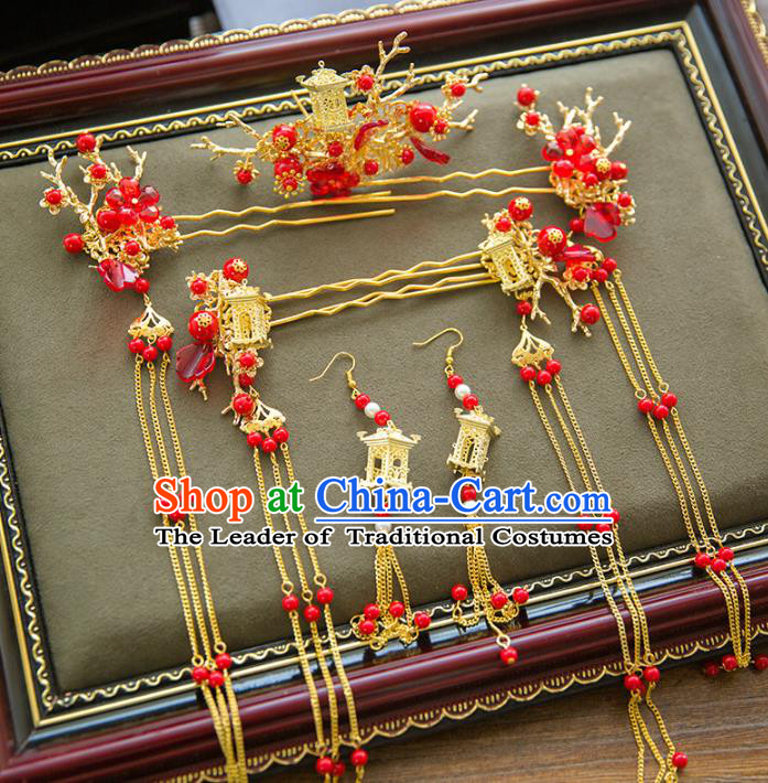 Aisan Chinese Handmade Classical Bride Hair Accessories Phoenix Coronet Complete Set, China Xiuhe Suit Red Beads Tassel Hairpins Wedding Headwear for Women