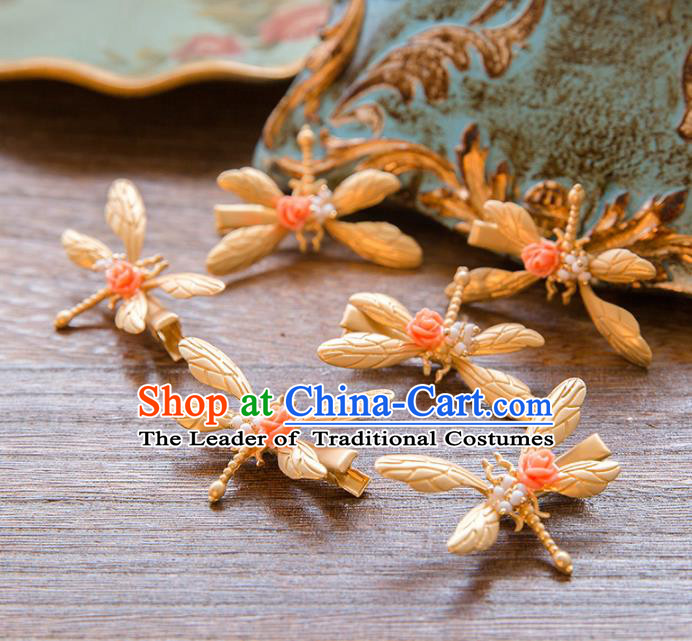 Top Grade Handmade Classical Hair Accessories Golden Dragonfly Hair Stick, Baroque Style Princess Hair Clip Headwear for Women