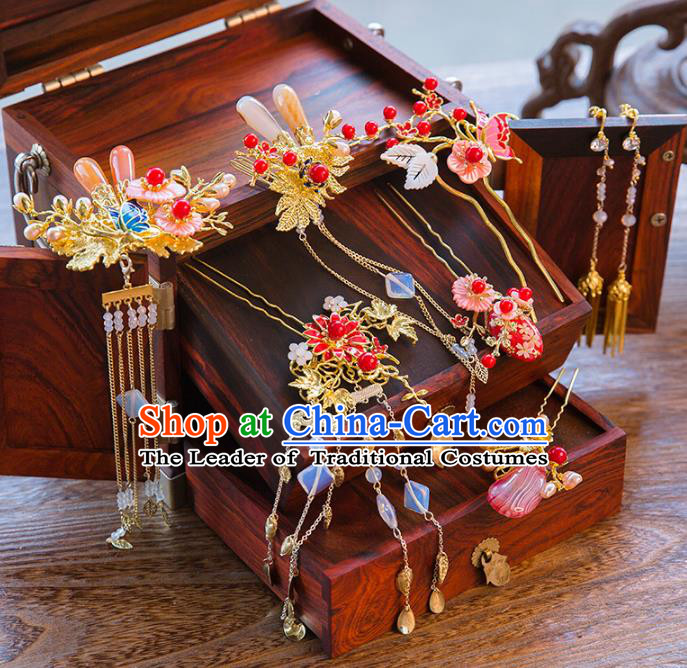 Aisan Chinese Handmade Classical Hair Accessories Pink Pearls Phoenix Coronet Complete Set, China Xiuhe Suit Hairpins Wedding Headwear for Women