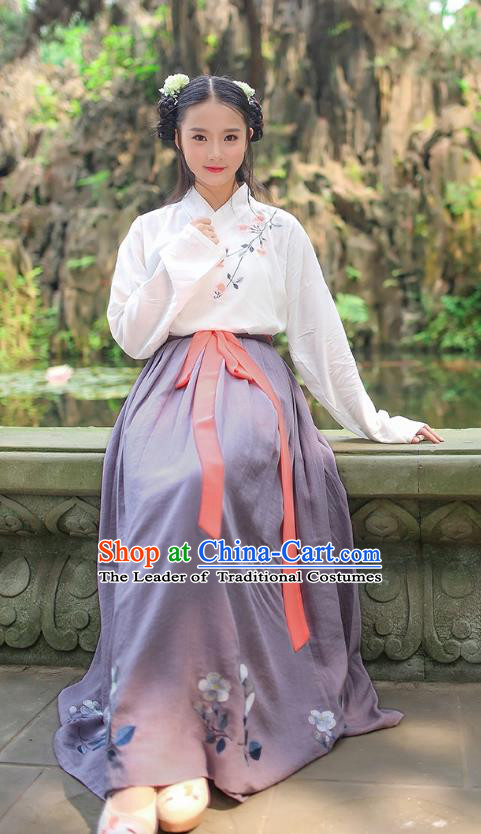 Asian Chinese Oriental Hanfu Costumes Han Dynasty Embroidered Blouse and Grey Slip Skirts, Traditional China Ancient Princess Embroidery Clothing for Women