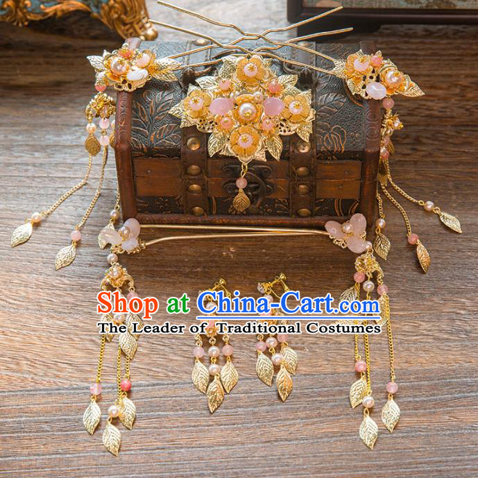 Aisan Chinese Handmade Classical Hair Accessories Pink Beads Tassel Hair Comb Complete Set, China Xiuhe Suit Hairpins Wedding Headwear for Women