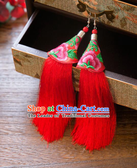 Top Grade Handmade Classical Hair Accessories Chinese Hanfu Red Tassel Earrings, China Ancient Princess Embroidery Eardrop for Women