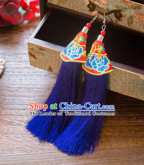 Top Grade Handmade Classical Hair Accessories Chinese Hanfu Royalblue Tassel Earrings, China Ancient Princess Embroidery Eardrop for Women