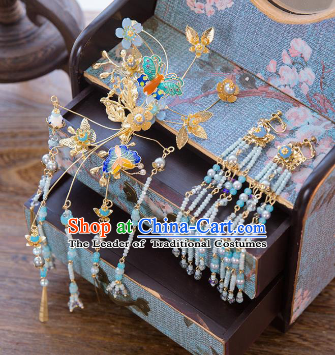 Aisan Chinese Handmade Classical Hair Accessories Hanfu Cloisonne Butterfly Hair Stick, China Xiuhe Suit Hairpins Wedding Headwear for Women