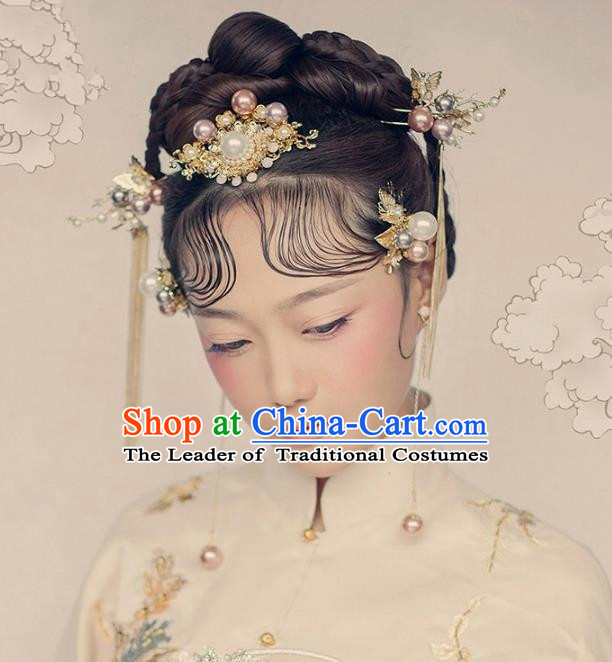 Aisan Chinese Handmade Classical Hair Accessories Hanfu Pearls Hair Comb Complete Set, China Xiuhe Suit Hairpins Wedding Headwear for Women