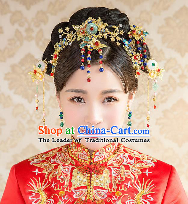 Aisan Chinese Handmade Classical Hair Accessories Bride Phoenix Coronet Complete Set, China Xiuhe Suit Hairpins Wedding Headwear for Women