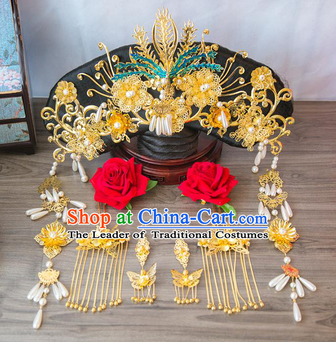 Aisan Chinese Handmade Classical Hair Accessories Hanfu Qing Dynasty Phoenix Coronet, China Manchu Princess Hairpins Headwear Complete Set for Women