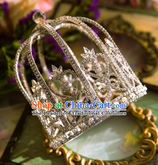 Top Grade Handmade Classical Hair Accessories Baroque Style Princess Crystal Royal Crown Golden Round Diadema Headwear for Women