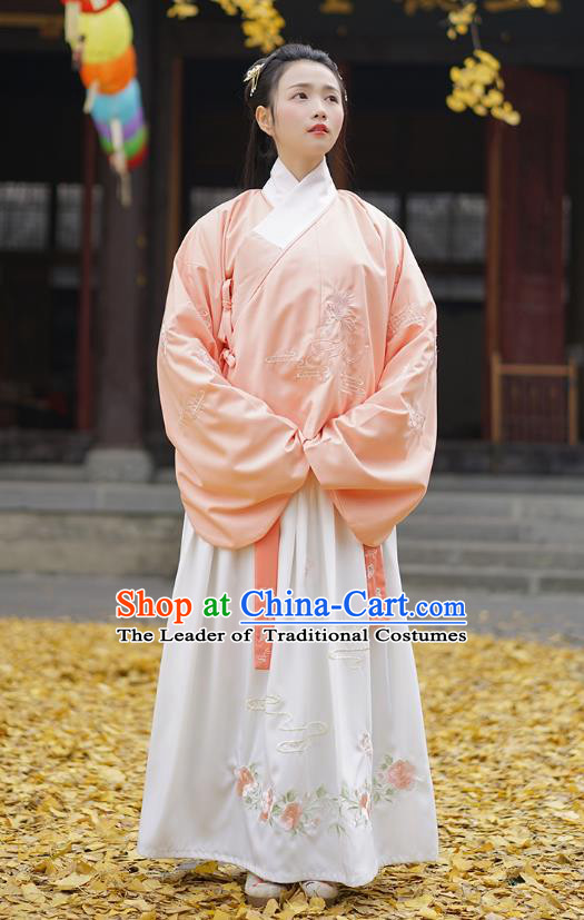 Traditional Asian Chinese Hanfu Costumes Ming Dynasty Palace Lady Embroidered Slant Opening Pink Blouse and Skirts Complete Set