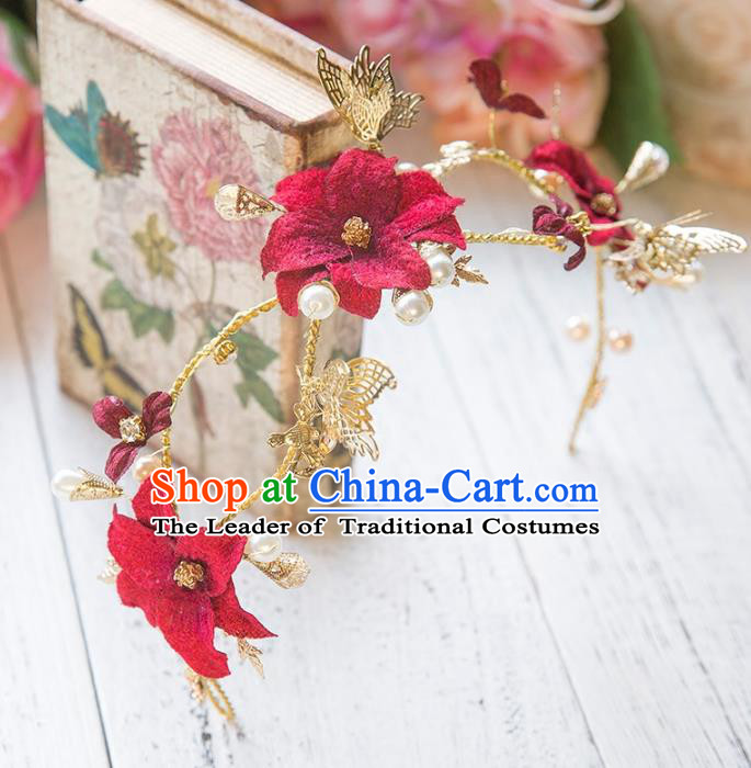 Top Grade Handmade Classical Hair Accessories Red Flowers Hair Clasp, Baroque Style Princess Headband Headwear for Women