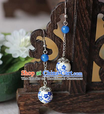 Chinese Handmade Classical Accessories Hanfu Blue and White Porcelain Tassel Earrings, China Xiuhe Suit Wedding Blue Bead Eardrop for Women