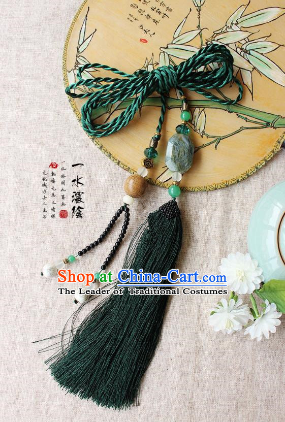 Chinese Handmade Classical Accessories Hanfu Green Agate Tassel Belt, China Ancient Hanfu Bells Tassel Waistband for Women for Men