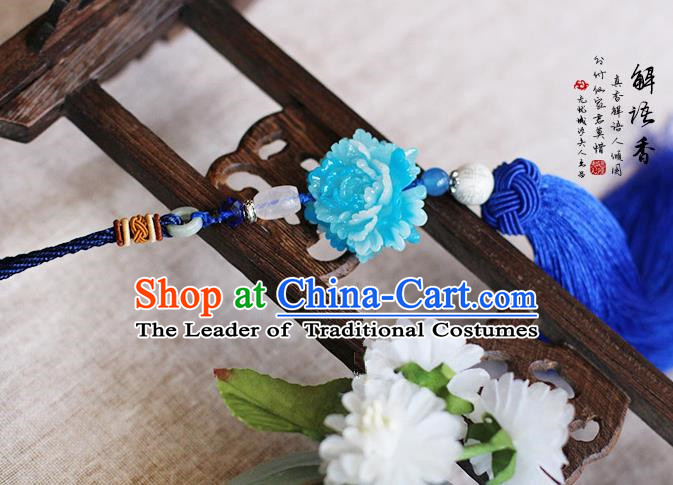 Chinese Handmade Classical Accessories Blue Peony Tassel Palace Taeniasis, China Hanfu Waist Pendant Headwear for Women for Men