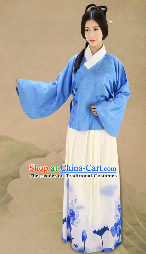 Traditional China Costume Hanfu Blue Blouse and Printing Lotus Skirt Complete Set, Chinese Ming Dynasty Princess Clothing for Women