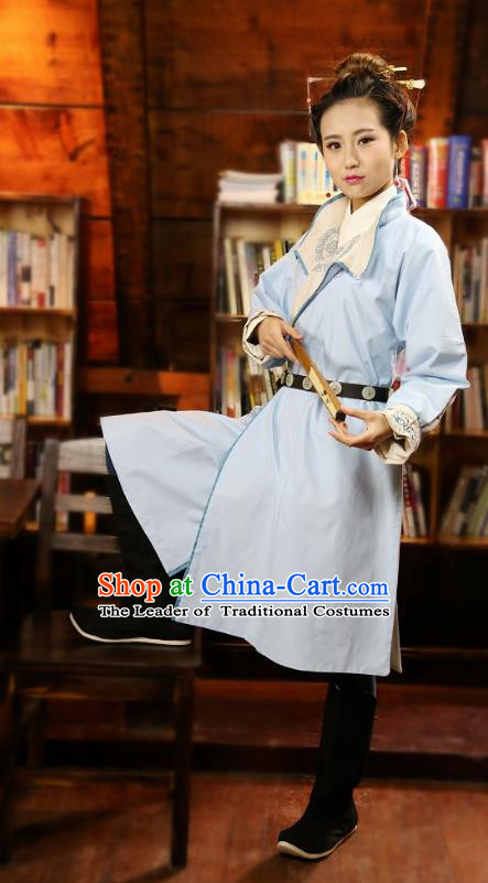 Traditional Chinese Hanfu Costumes Ancient Ming Dynasty Imperial Guards Blue Robe for Women