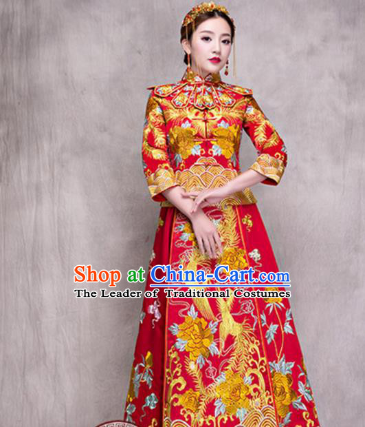 Traditional Ancient Chinese Costume Xiuhe Suits Chinese Style Wedding Embroidery Dragon and Phoenix Bride Cheongsam Clothing for Women