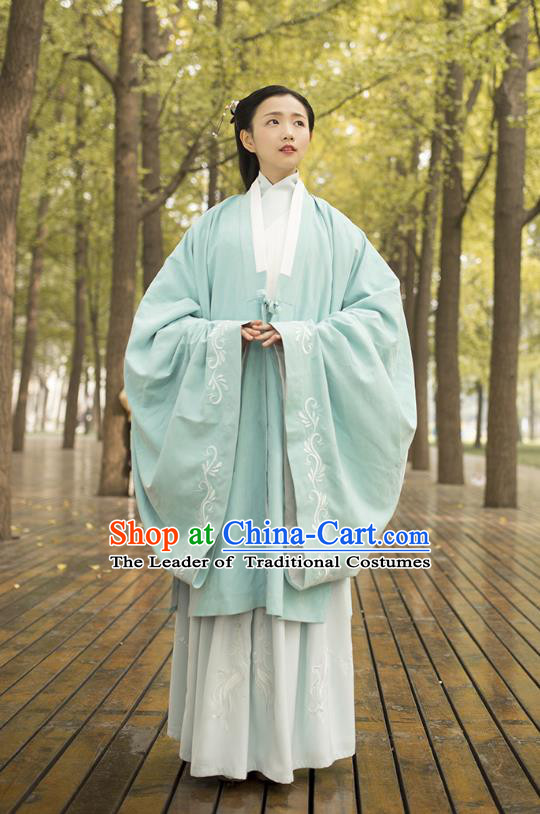 Traditional Chinese Ancient Costumes, Asian China Ming Dynasty Palace Lady Princess Clothing Embroidery Light Green Wide Sleeve Cardigan