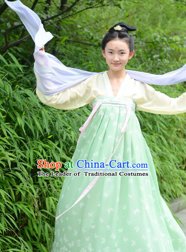 Ancient Chinese Palace Princess Costume, Traditional China Tang Dynasty Young Lady Clothing Yellow Blouse and Green Skirt Complete Set