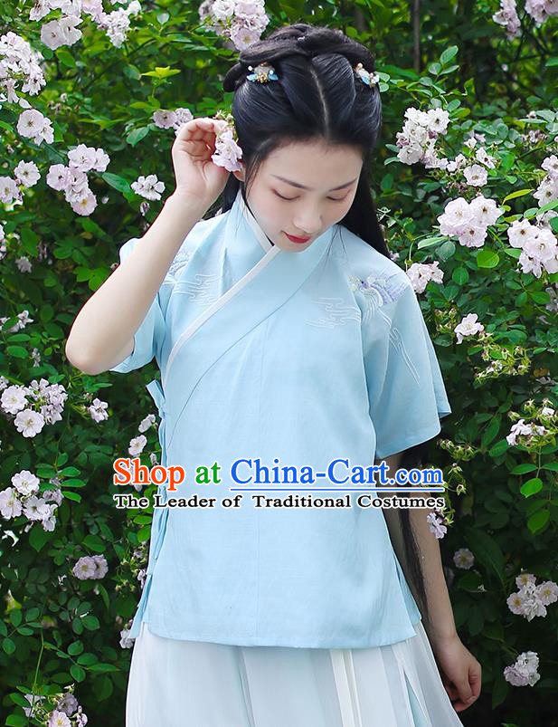 Ancient Chinese Palace Princess Hanfu Costume, Traditional China Song Dynasty Young Lady Clothing Embroidery Blue Blouse