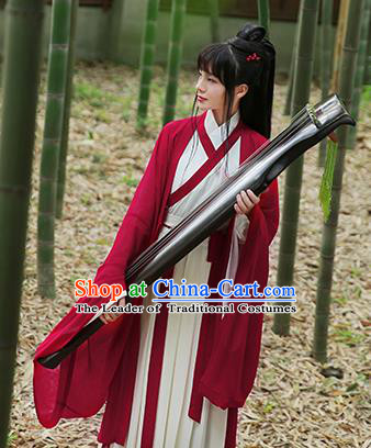 Ancient Chinese Palace Princess Hanfu Costume, Traditional China Jin Dynasty Swordswoman Embroidery Red Cardigan and Dress Clothing