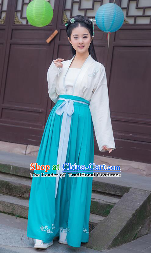 Traditional Chinese Ancient Young Lady Hanfu Costumes, Asian China Han Dynasty Palace Princess Blue Slip Skirts for Women