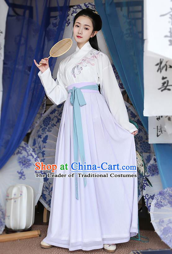 Traditional Chinese Ancient Young Lady Hanfu Costumes, Asian China Han Dynasty Palace Princess Embroidery Blouse and Purple Slip Skirts for Women