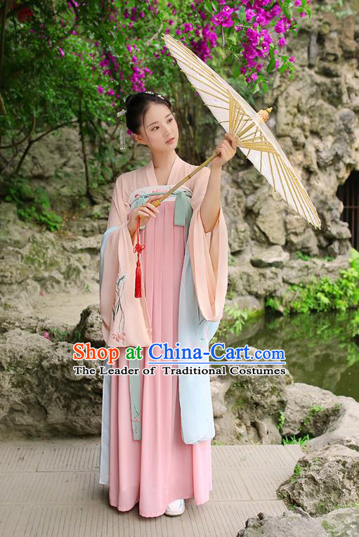 Traditional Chinese Ancient Hanfu Imperial Princess Costume, Asian China Tang Dynasty Palace Lady Embroidery Pink Slip Dress for Women