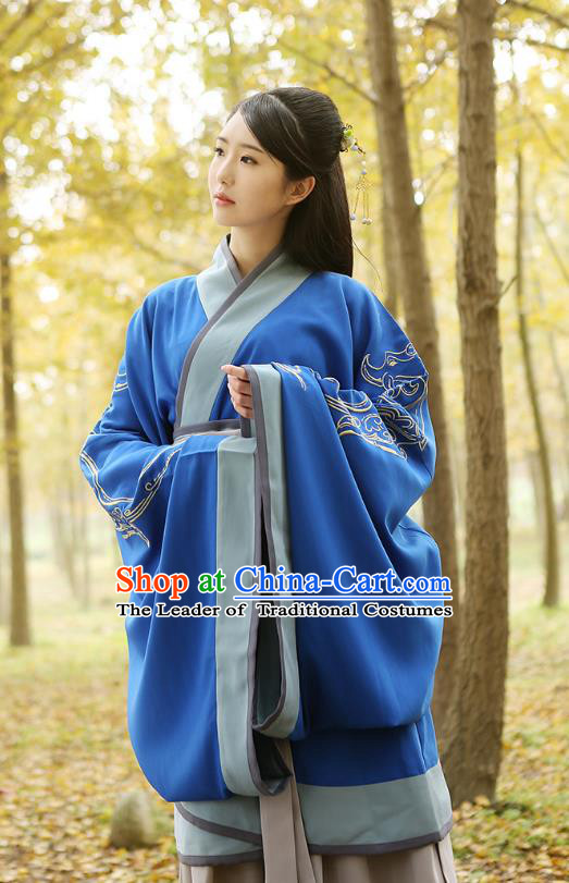 Traditional Chinese Ancient Young Lady Hanfu Costumes Blue Curve Bottom, Asian China Han Dynasty Palace Princess Embroidery Clothing for Women