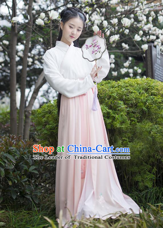 Traditional Chinese Ancient Hanfu Princess Costume, Asian China Song Dynasty Young Lady Pink Bust Skirt for Women