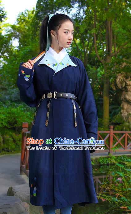 Traditional Chinese Ancient Hanfu Swordswoman Costume, Asian China Ming Dynasty Young Lady Embroidered Navy Long Robe for Women