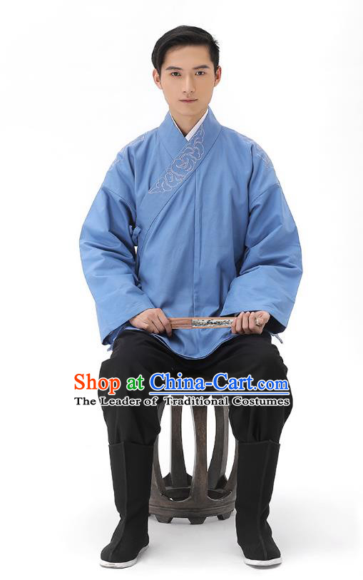 Traditional Chinese Ancient Hanfu Costumes, Asian China Han Dynasty Embroidered Blue Shirt Upper Outer Garment for Men