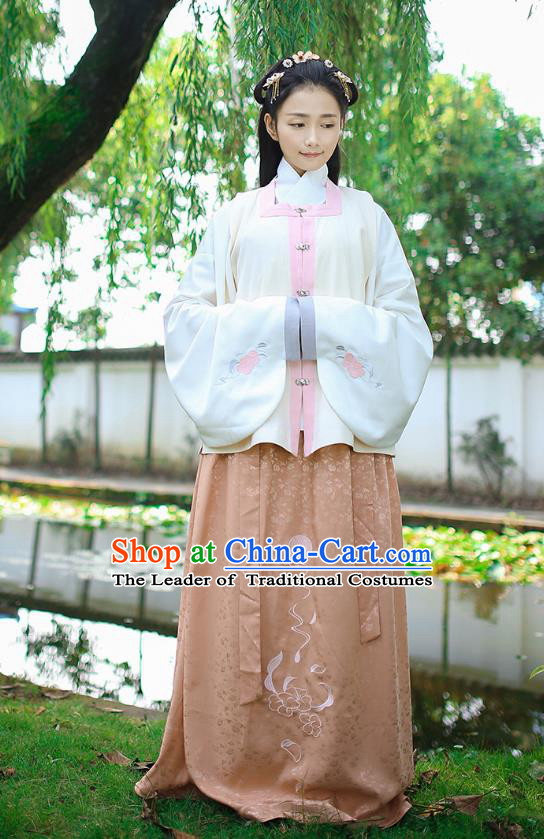 Traditional Chinese Ancient Royal Princess Hanfu Costume, Asian China Ming Dynasty Palace Lady Embroidered White Vest Blouse and Skirts for Women