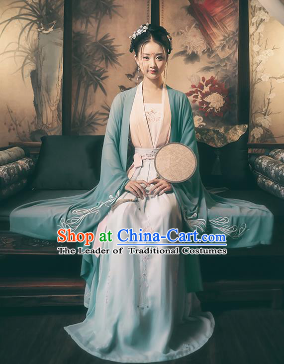 Traditional Chinese Ancient Royal Princess Hanfu Costume, Asian China Tang Dynasty Palace Lady Embroidered Wide Sleeve Green Cloak for Women