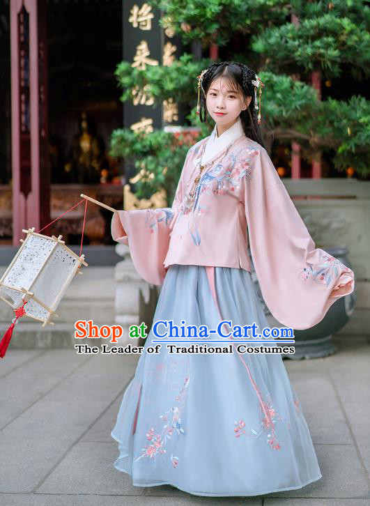 Traditional Chinese Ancient Hanfu Costume Palace Lady Dress, Asian China Ming Dynasty Embroidered Pink Clothing for Women