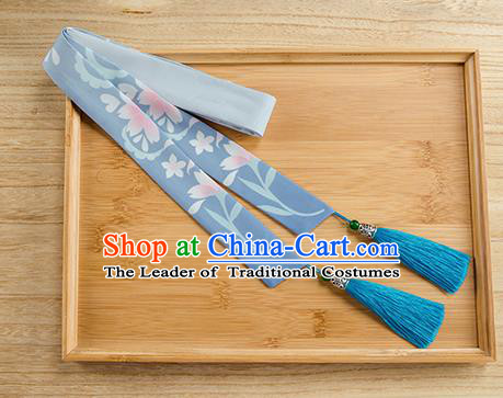 Traditional Chinese Ancient Hanfu Hair Accessories, Asian China Han Dynasty Princess Hair Clasp Printing Blue Silk Tassel Headband