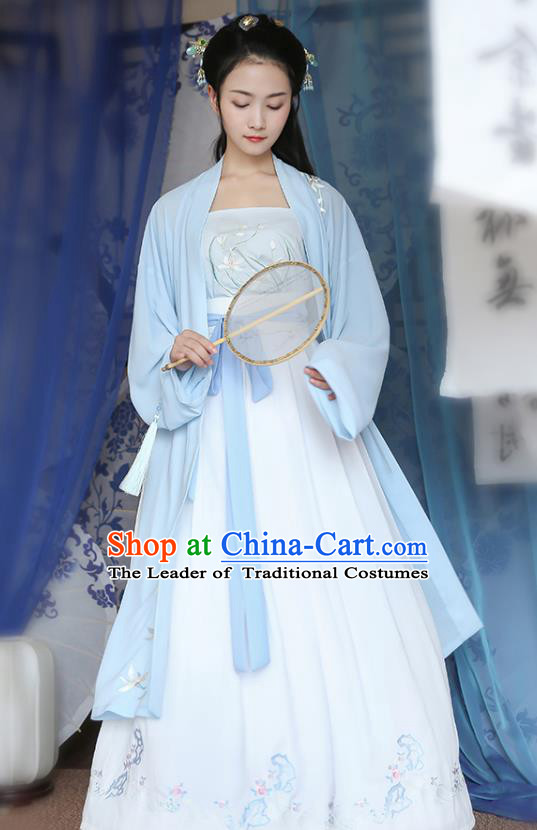 Traditional Chinese Ancient Hanfu Princess Costume Blue Embroidered Cloak, Asian China Song Dynasty Palace Lady Cardigan Clothing for Women