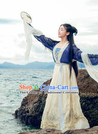 Traditional Chinese Ancient Palace Lady Costume, Asian China Song Dynasty Princess Embroidered Blue Blouse and Skirts for Women