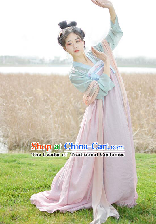 Traditional Chinese Ancient Palace Lady Costume, Asian China Tang Dynasty Imperial Concubine Pink Dress Clothing for Women