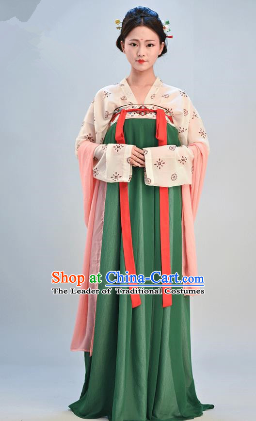 Traditional Chinese Ancient Young Lady Costume, Asian China Tang Dynasty Imperial Consort Embroidered Green Slip Skirt Clothing for Women